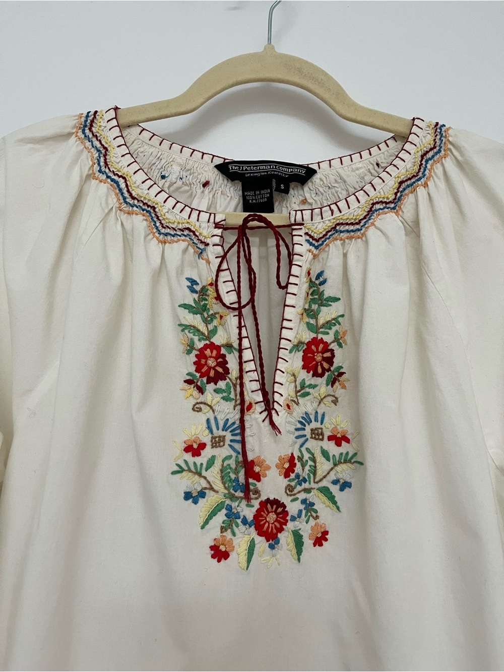 Embroidered Cream Peasant Blouse with Floral Yoke - Picture 3 of 3